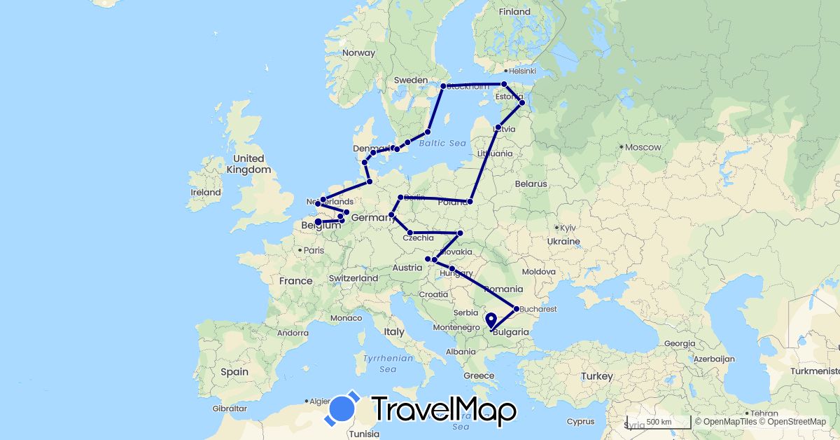 TravelMap itinerary: driving in Austria, Belgium, Bulgaria, Czech Republic, Germany, Denmark, Estonia, Hungary, Latvia, Netherlands, Poland, Romania, Sweden, Slovakia (Europe)